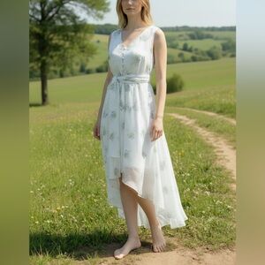 Lolita Lempicka Paris 100% Silk Floral White Blue Green Wrap Midi Dress Size 38